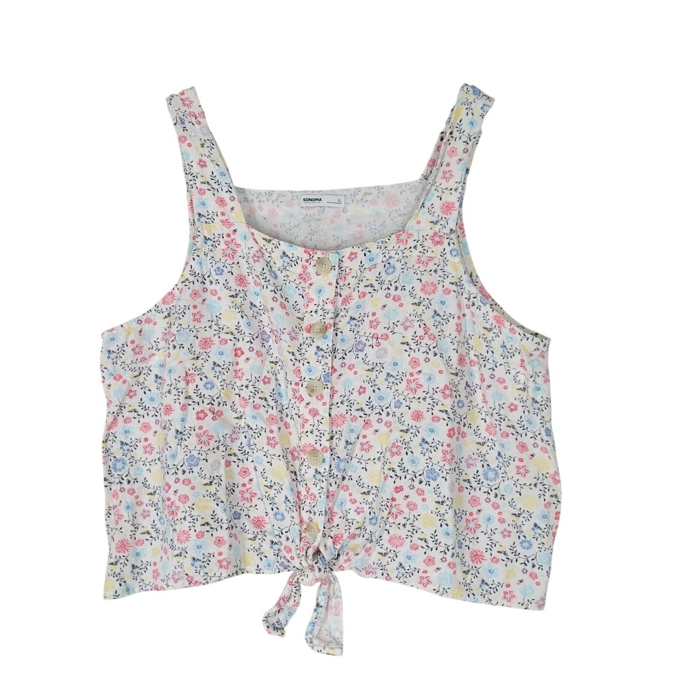 Sonoma Goods Life Linen Blend‎ Tank Top Women XL White Floral Tie Front Button